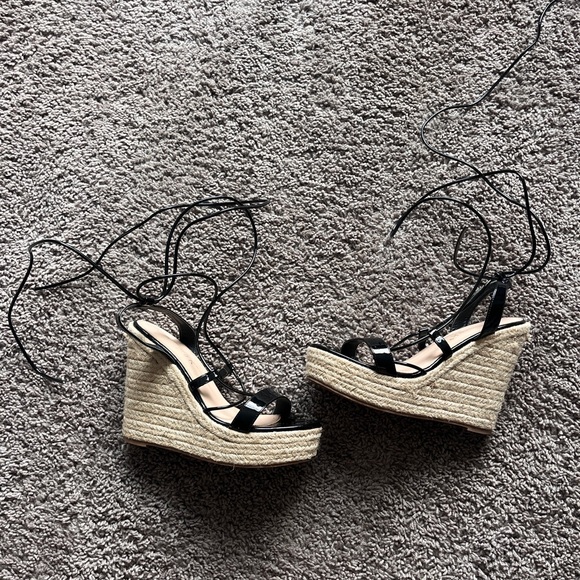 Allegra K Black Lace-Up Espadrille Wedges - Picture 1 of 4
